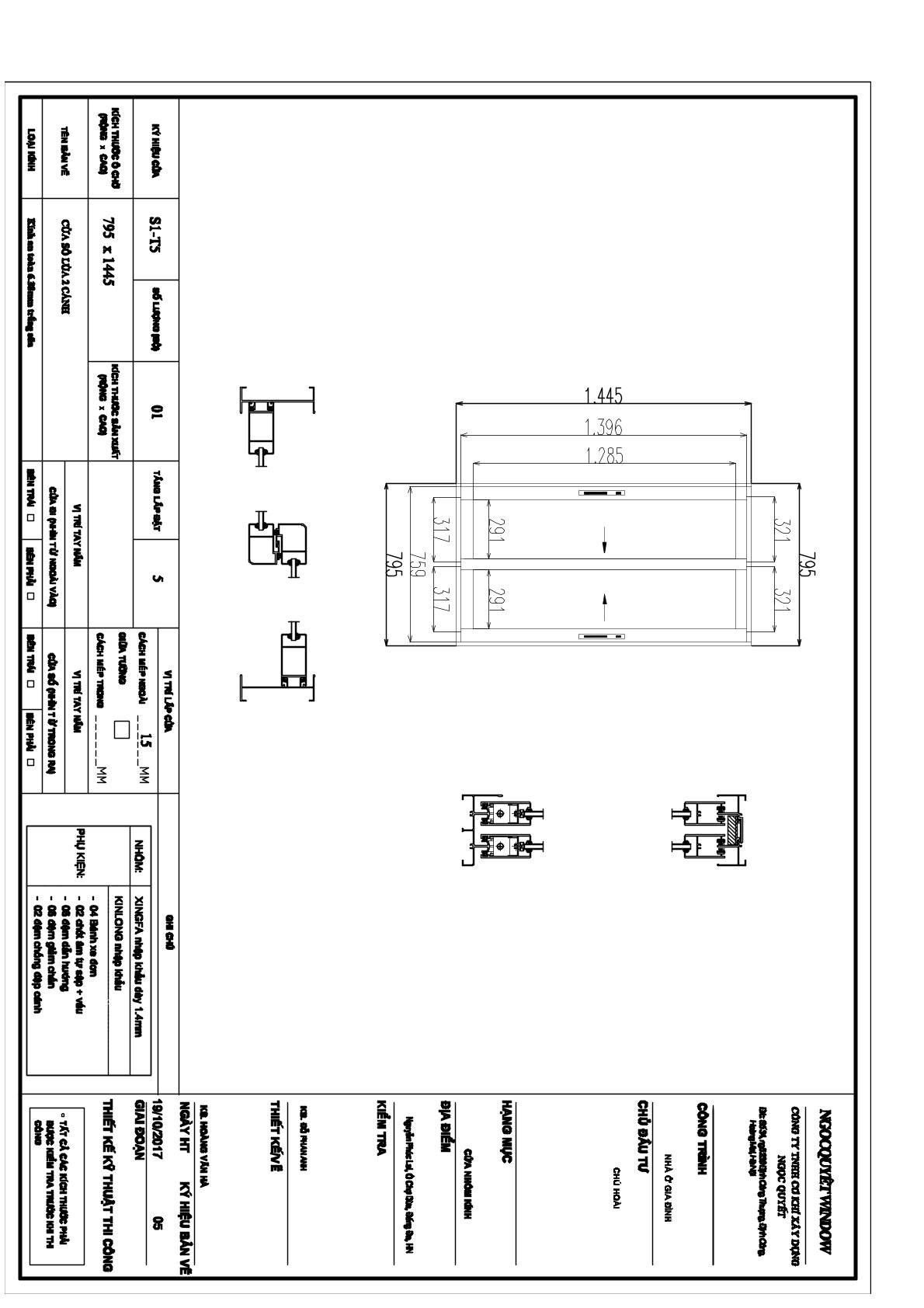 Bản vẽ kỹ thuật cửa sổ nhôm kính Xingfa hai cánh trượt ngang với kích thước chi tiết